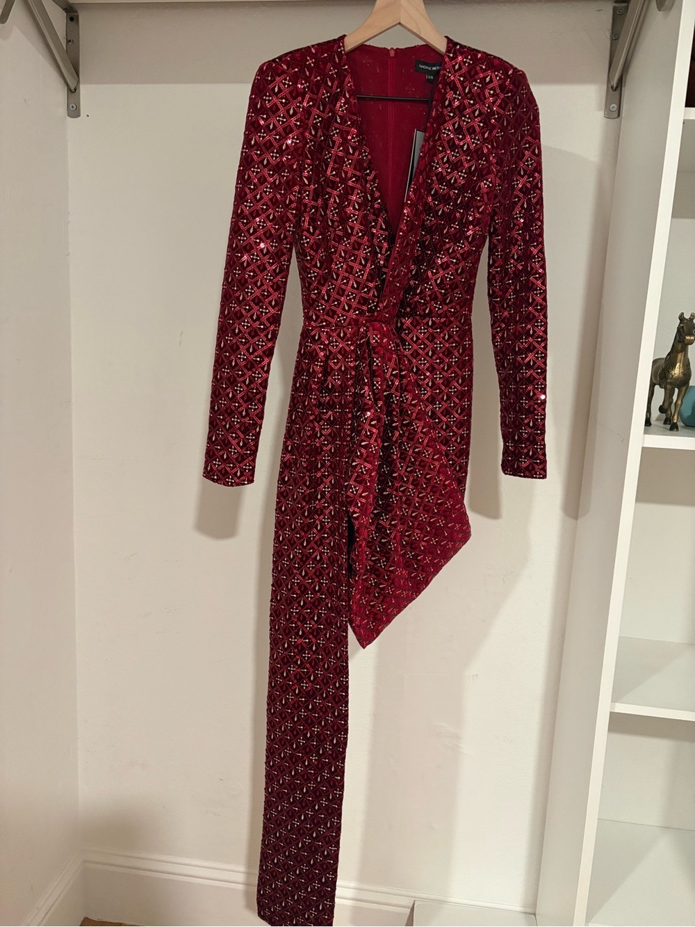 NADINE MERABI Red Embellished Mini Wrap Dress - Picture 2 of 5